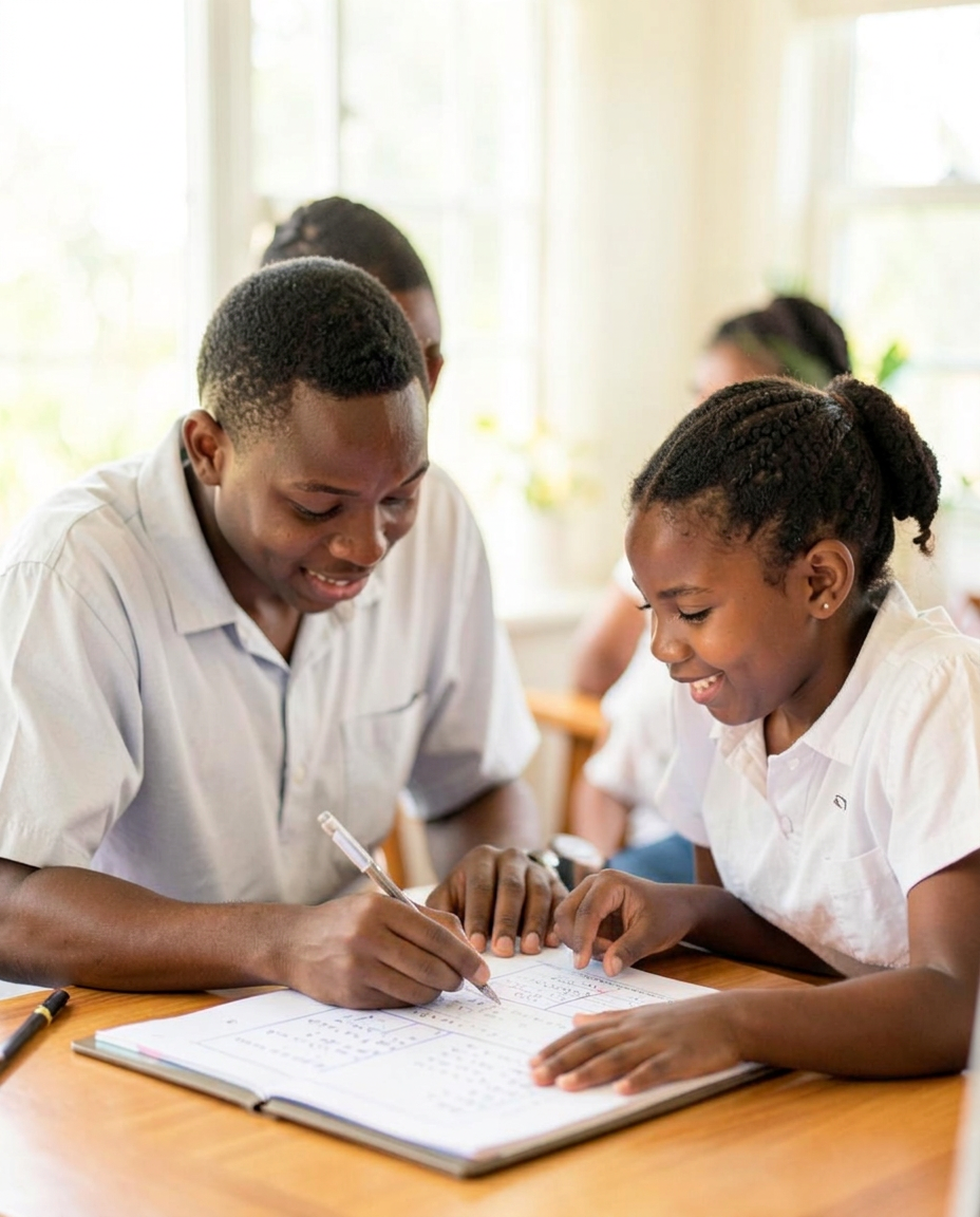 A Ghanaian tutor guiding a student through a workbook in person